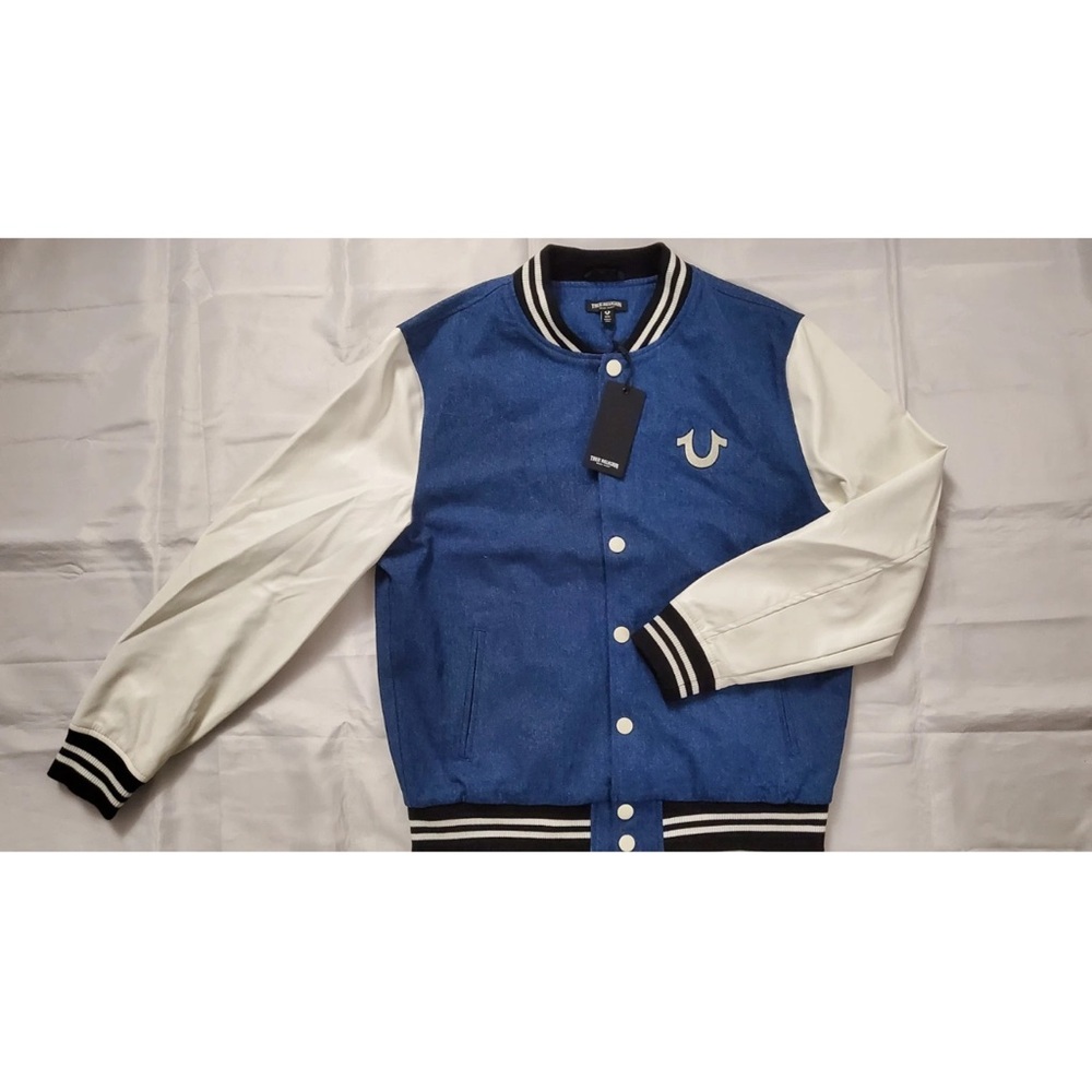 True Religion Men's Varsity Jacket in Blue and White